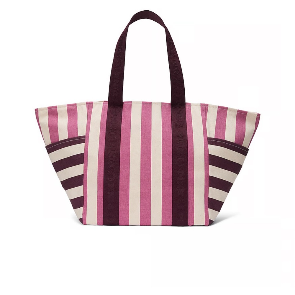 🆕 PINK VICTORIA'S SECRET STRIPED LARGE CANVAS TOTE WEEKENDER BAG - Picture 2 of 8